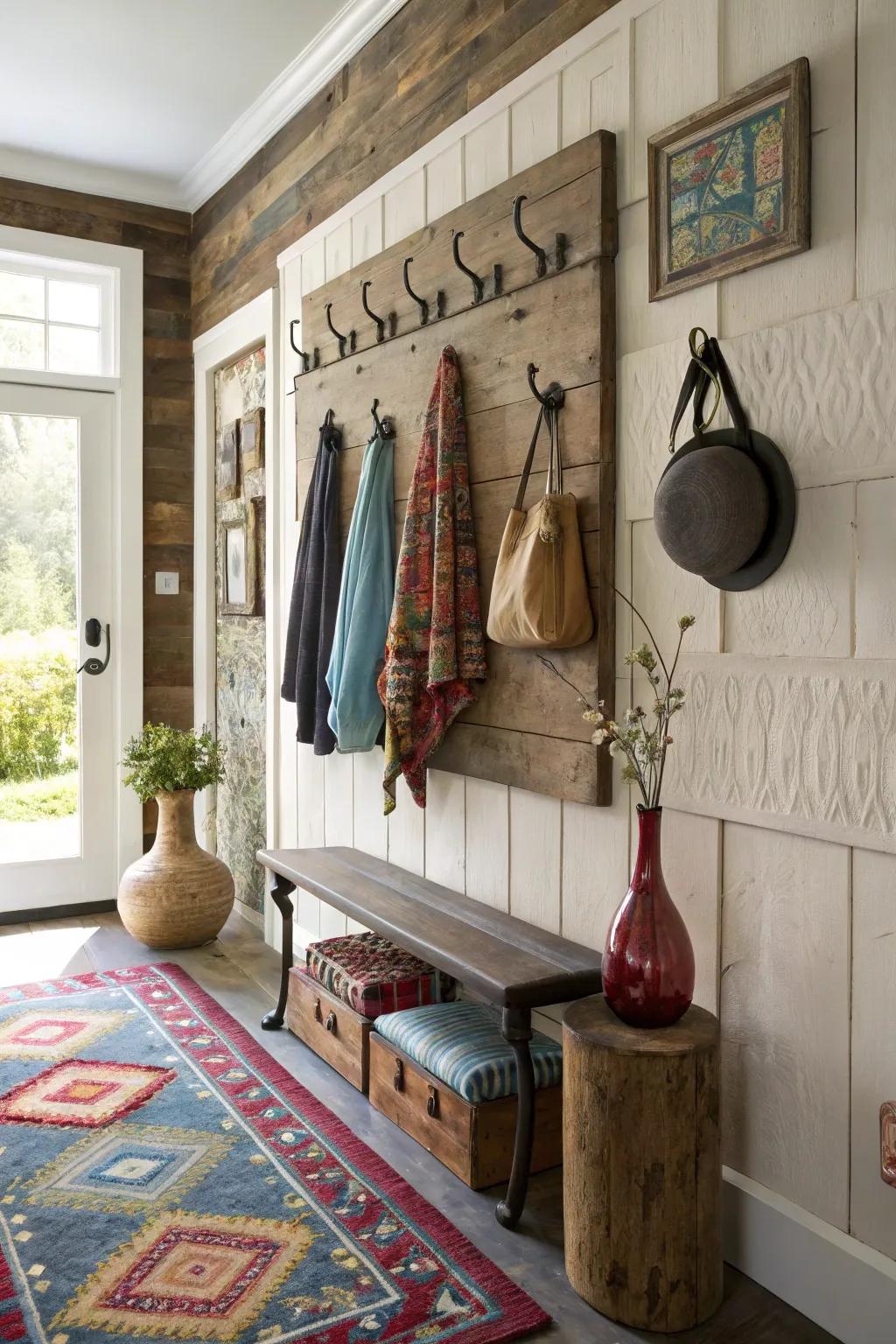 Decorative hooks adding charm and organization to the entryway.