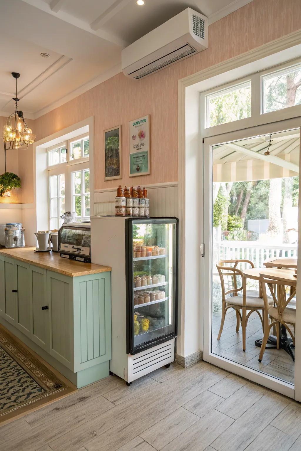 An inviting and airy coffee bar with a mini fridge.