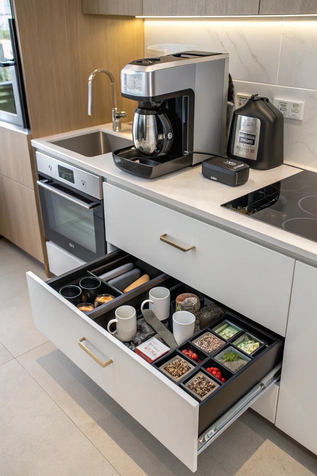 An integrated coffee maker offers ultimate convenience.