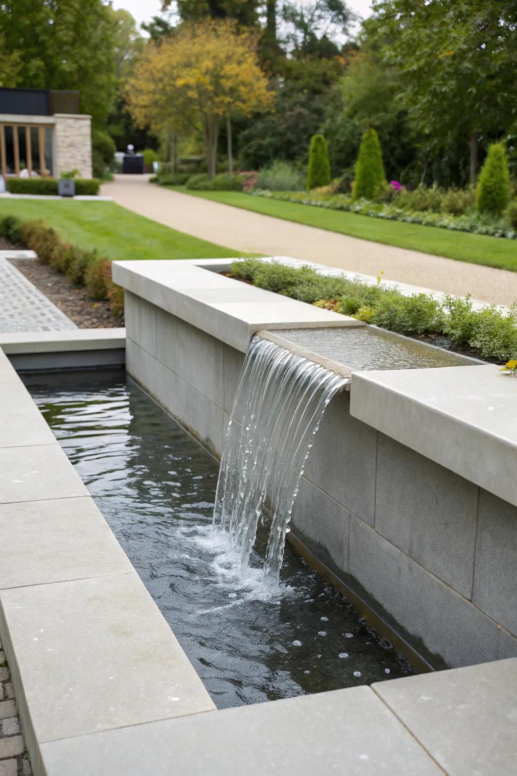 Concrete water features create a peaceful ambiance.