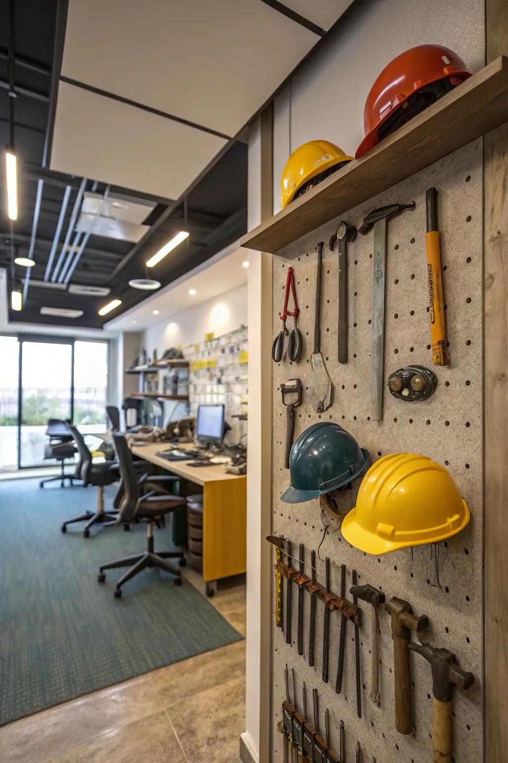 Construction tools used as unique decorative elements in an office.