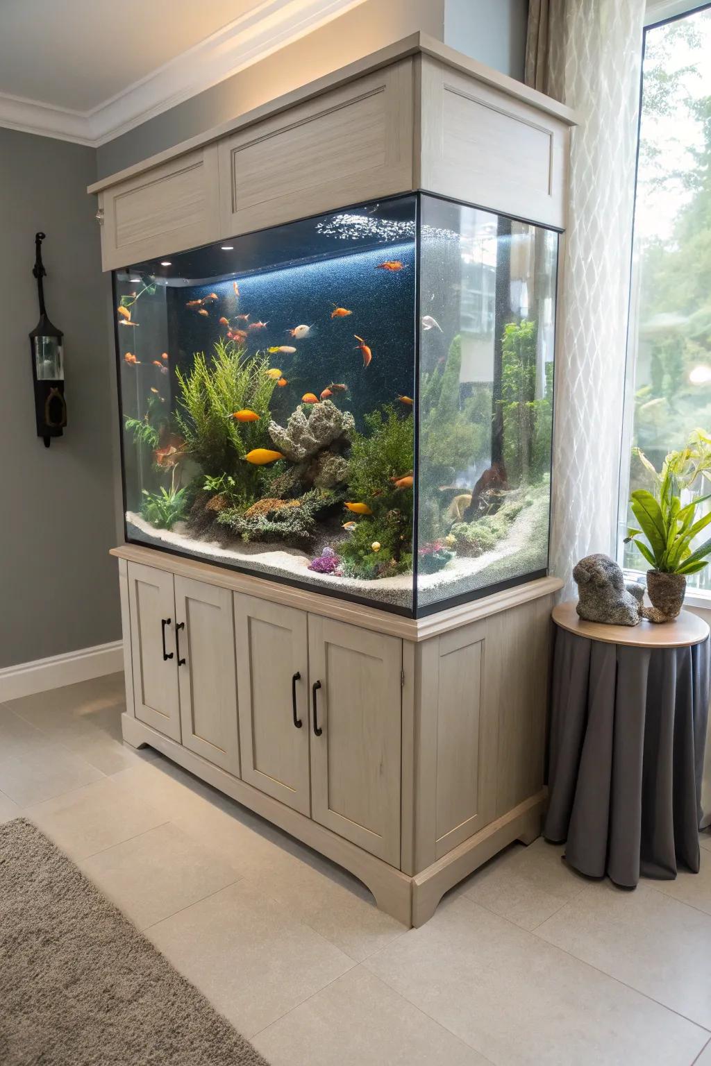 Custom furniture integration with a corner fish tank offers practical storage solutions.