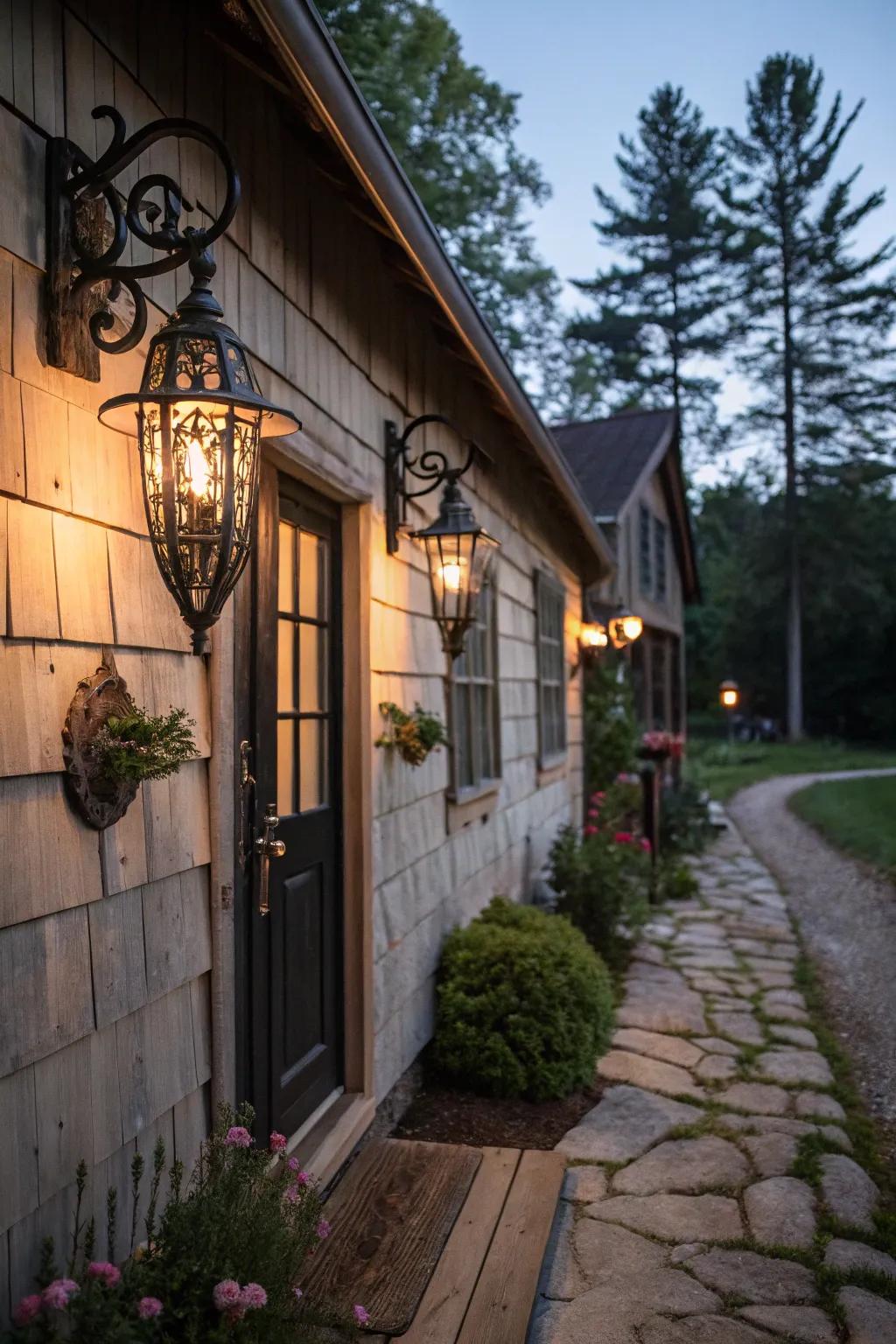 Rustic sconces adding charm to a cottage exterior.