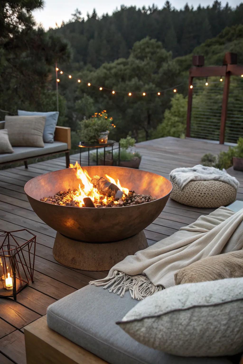 A copper bowl fire pit becomes a captivating focal point in any backyard.