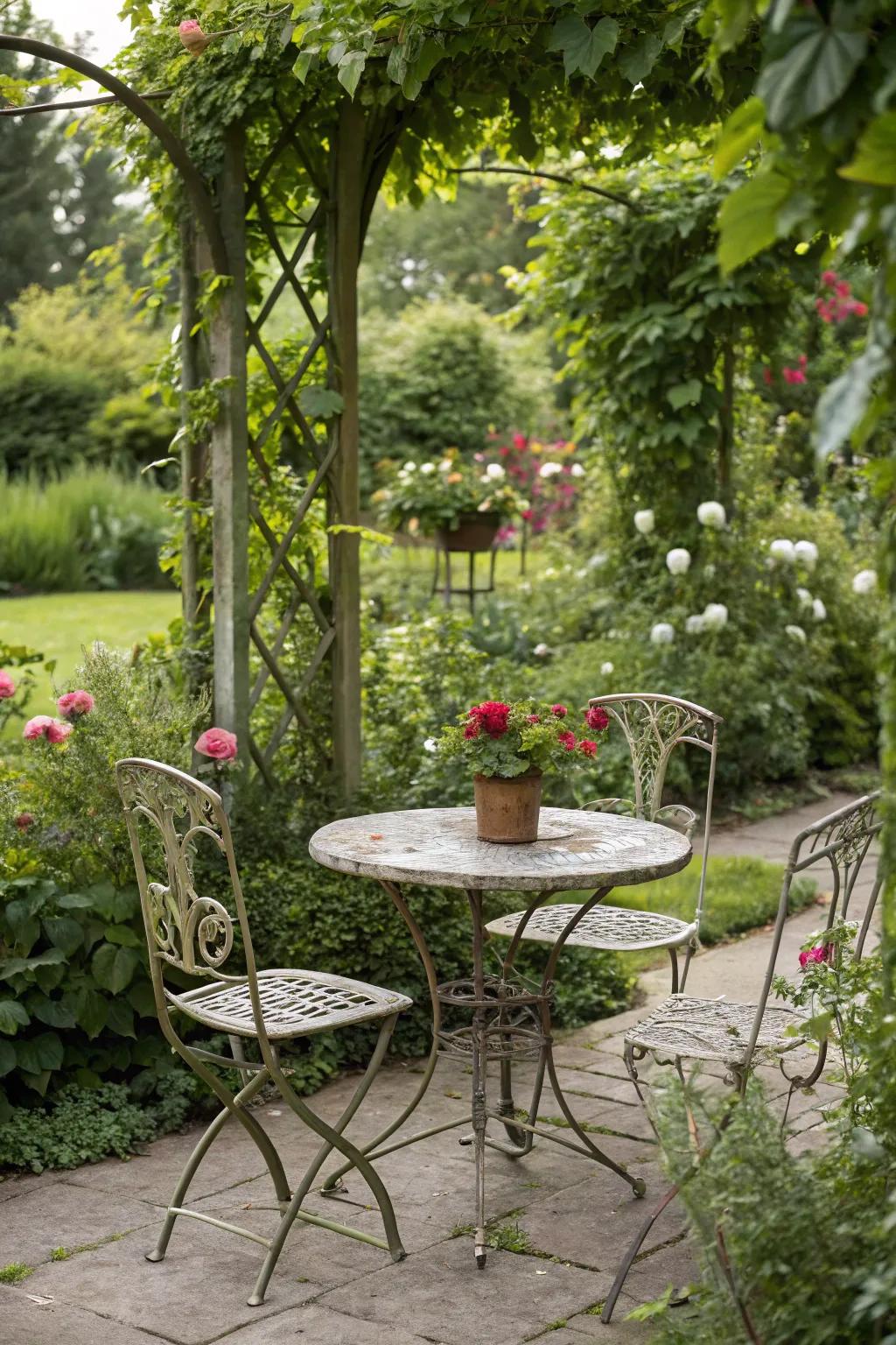 Garden furniture invites relaxation and conversation.