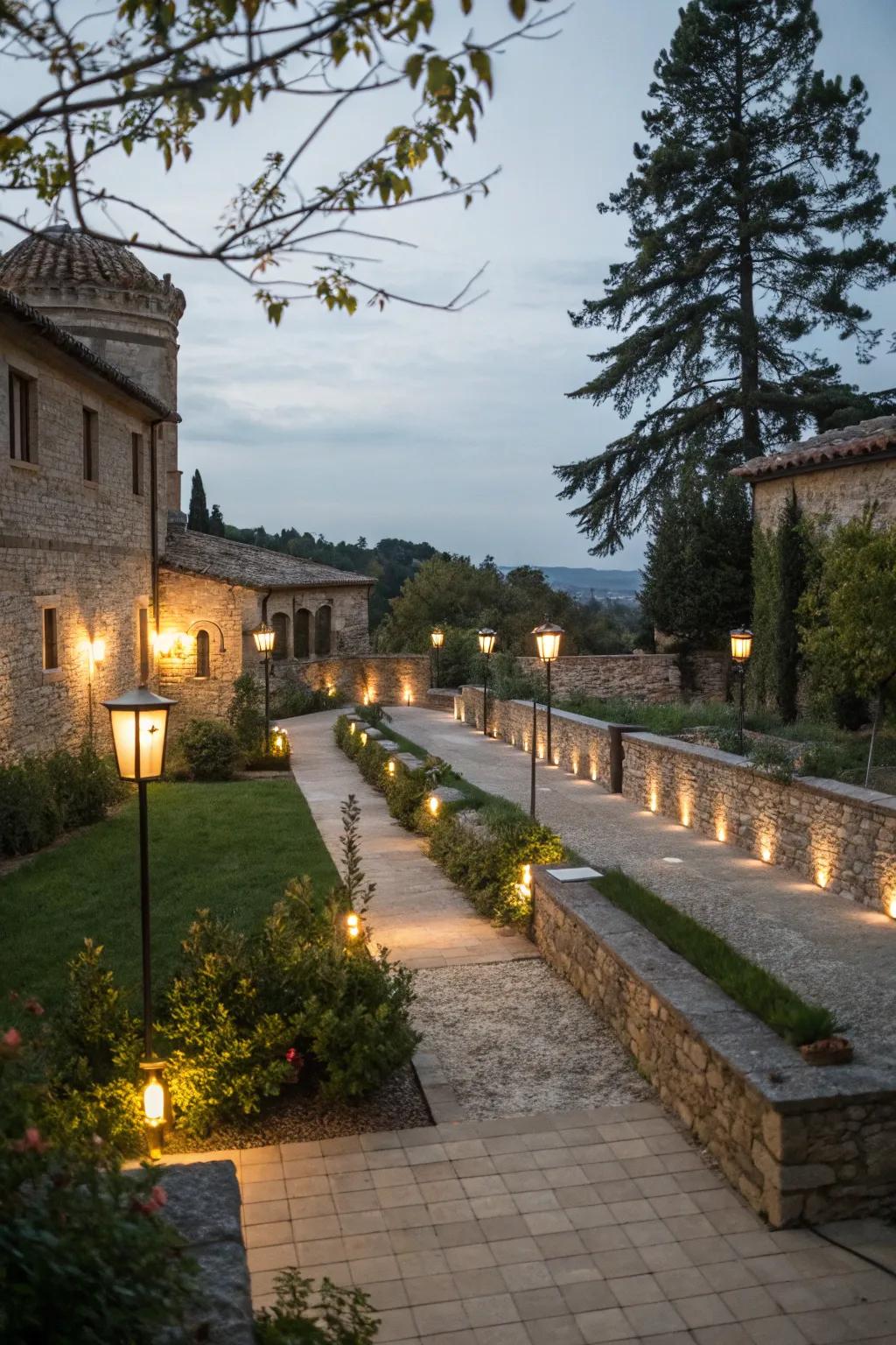 Pathway lights guide guests through a beautifully structured courtyard.