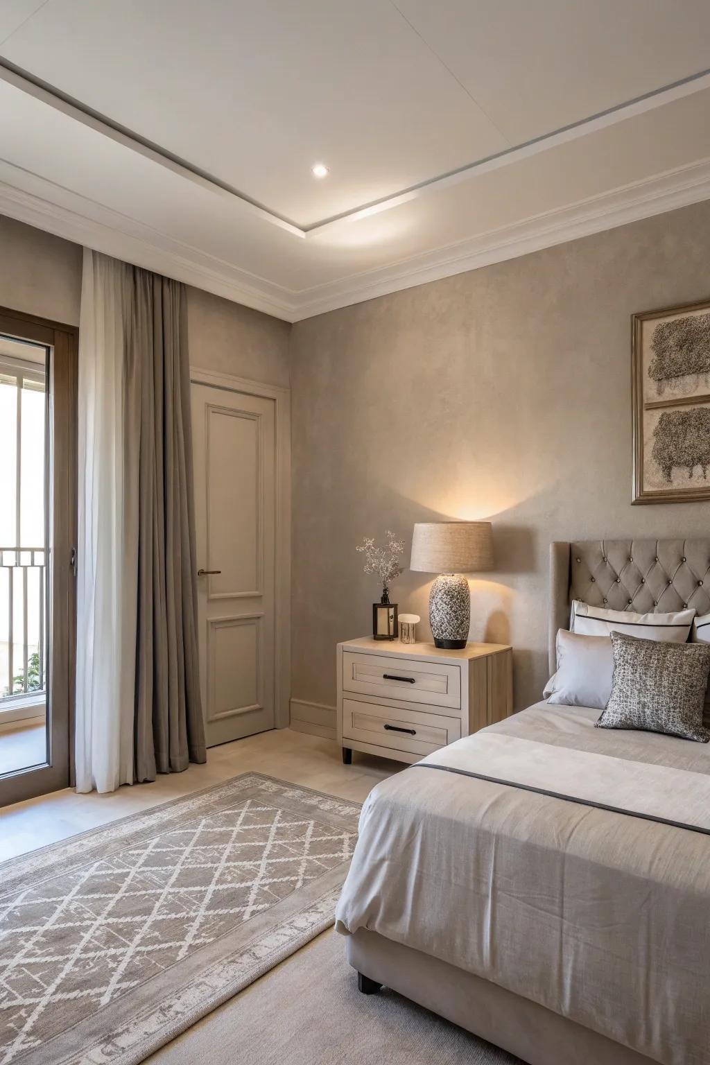 A serene bedroom with taupe walls and minimalistic decor.