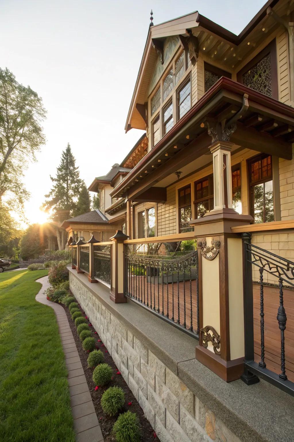 Harmonious railing design complementing Craftsman architecture.