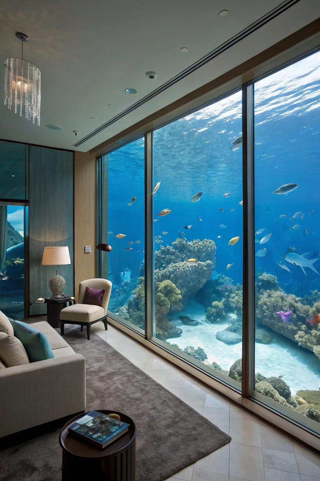 An underwater room that provides a tranquil view of marine life.