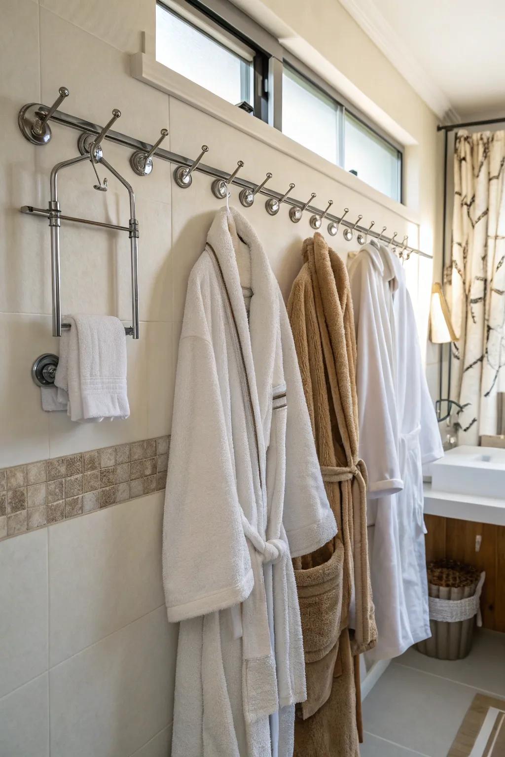 Hooks and rails provide a practical solution for hanging bathroom essentials.