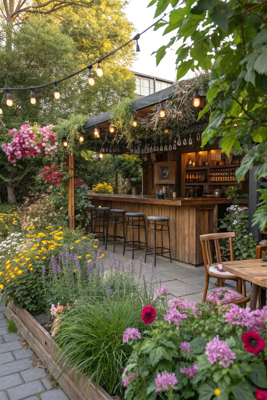 An outdoor bar beautifully integrated into the garden.