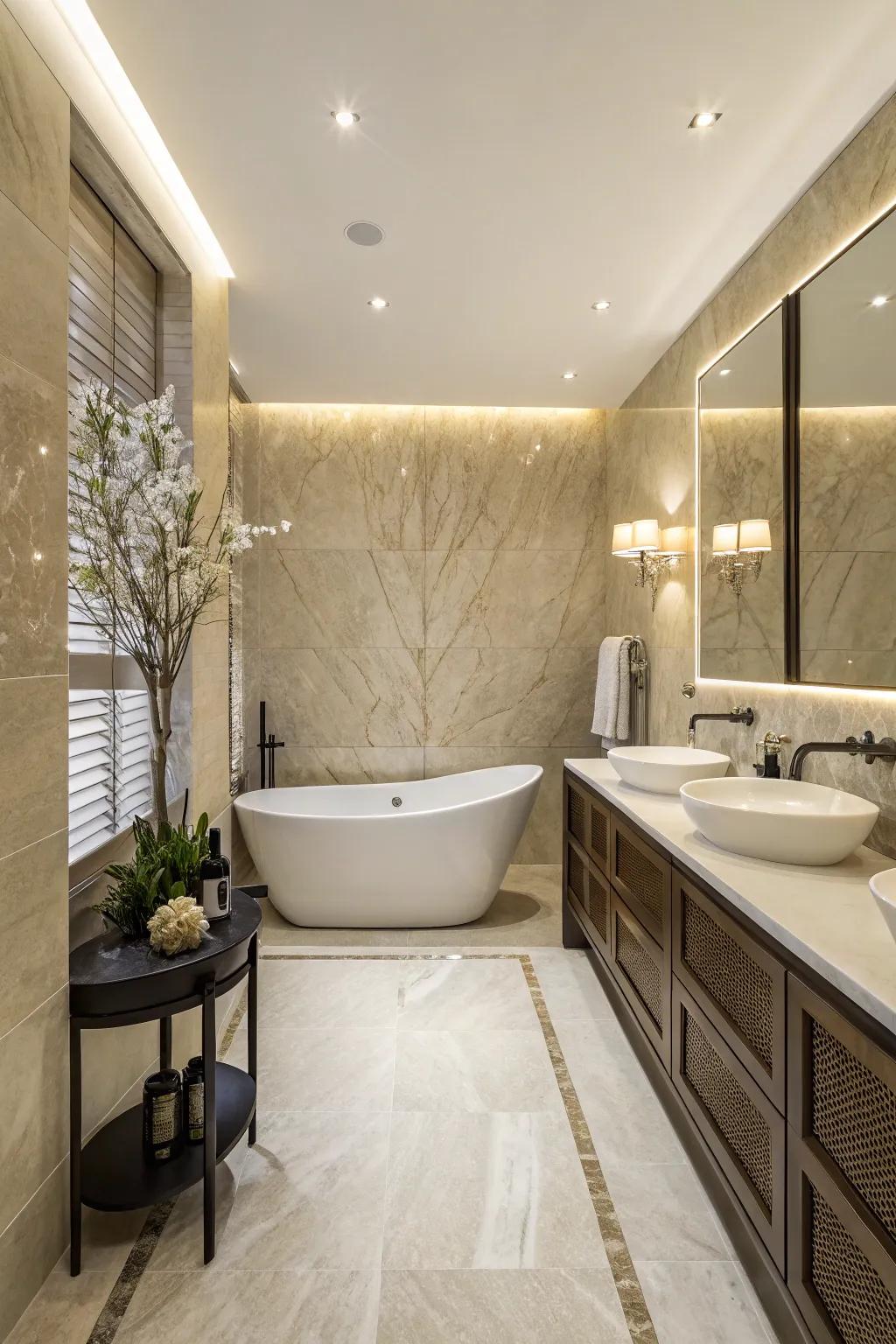 A crema marfil accent wall adds luxury to any bathroom.