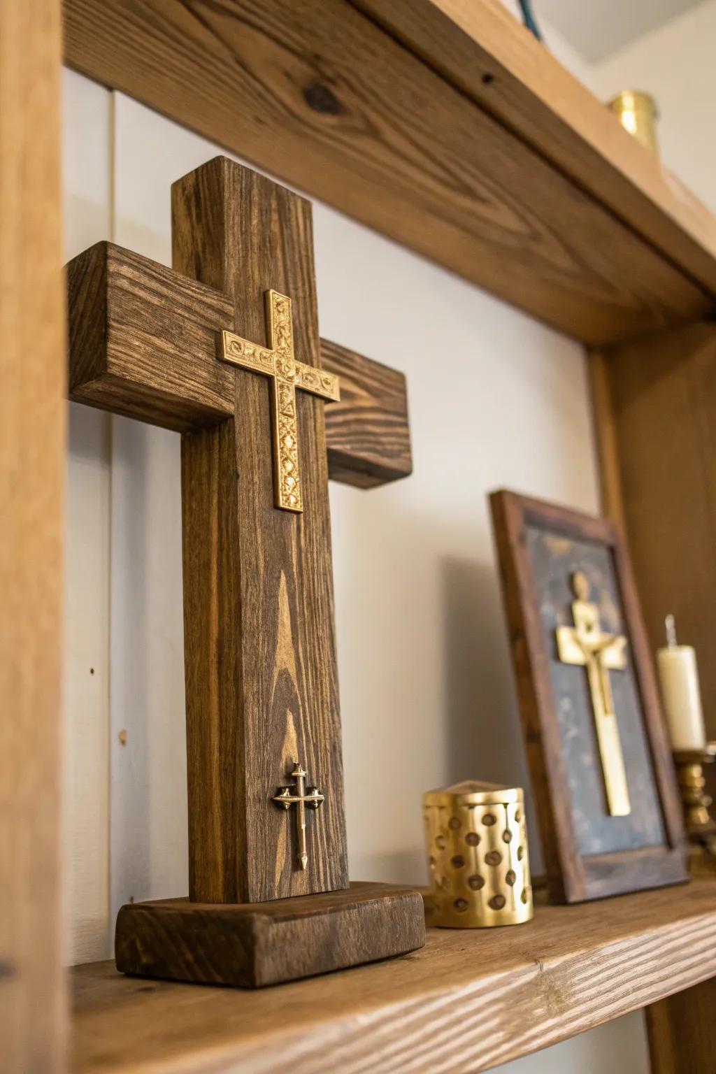 Layered wooden and gold cross decoration