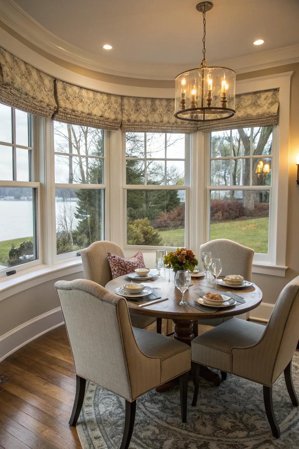 A quaint dining alcove within a curved bay window setting.