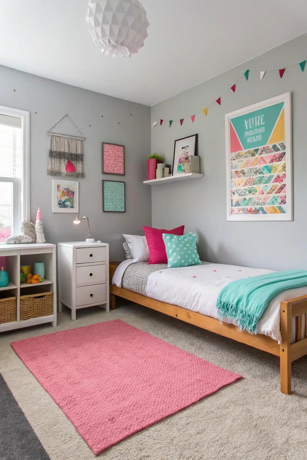 A balanced teen room with neutral tones and color pops.