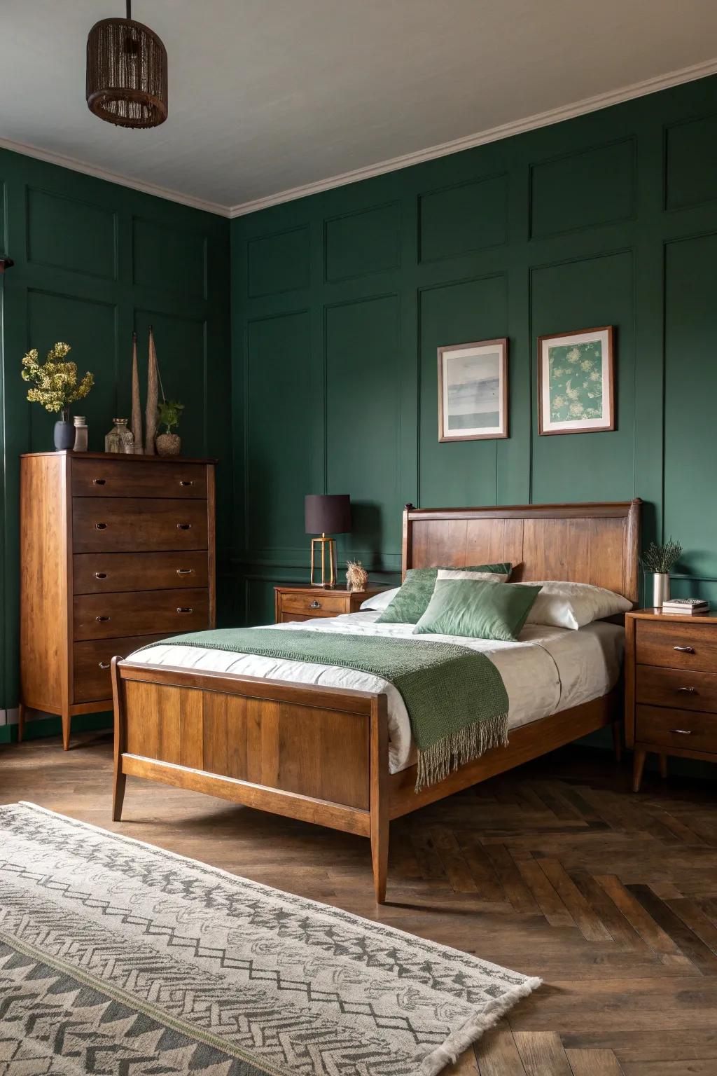 A dark green bedroom featuring mid-century modern wooden furniture.