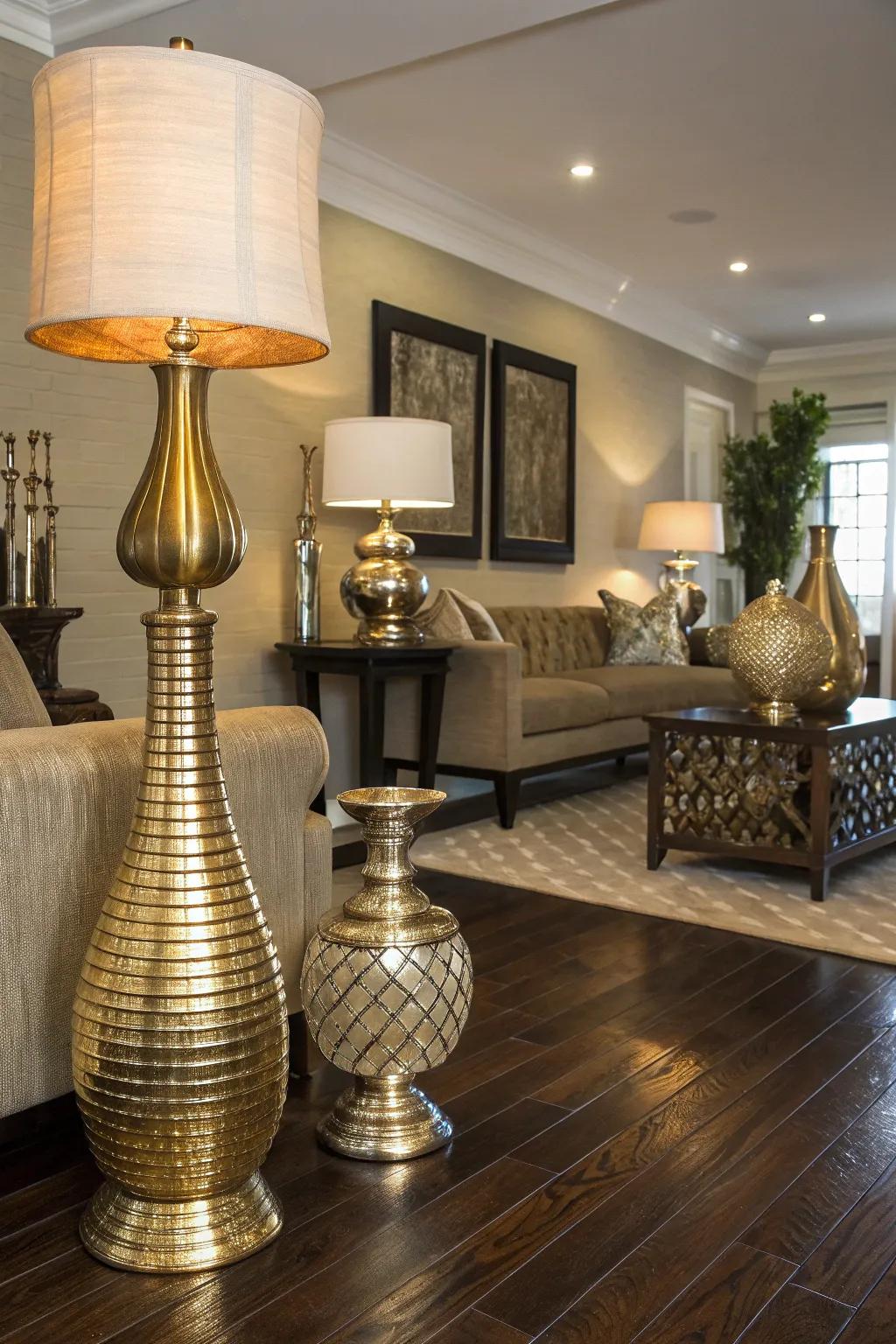 Metallic accents add a glamorous touch to dark wood floors.