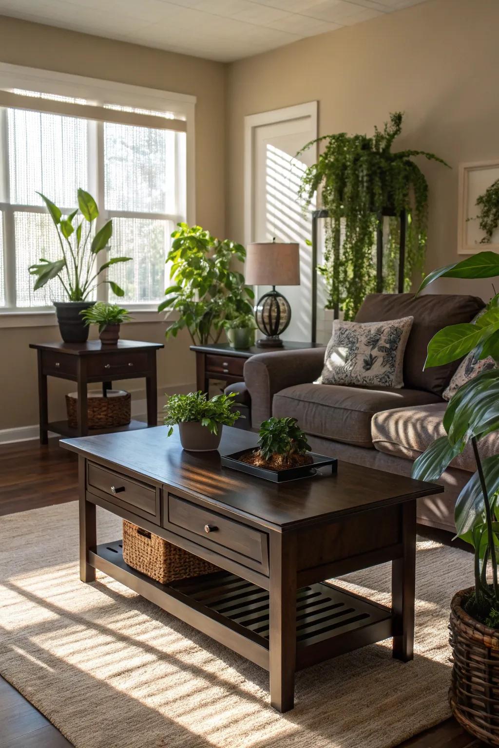 Plants add life and contrast to dark wood interiors.