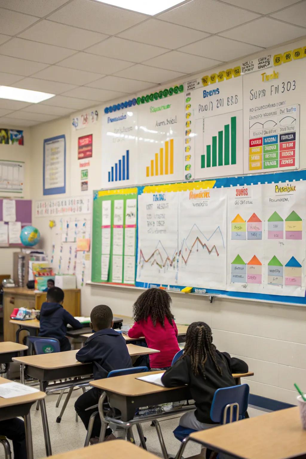 A data wall displaying various graphs to track progress.