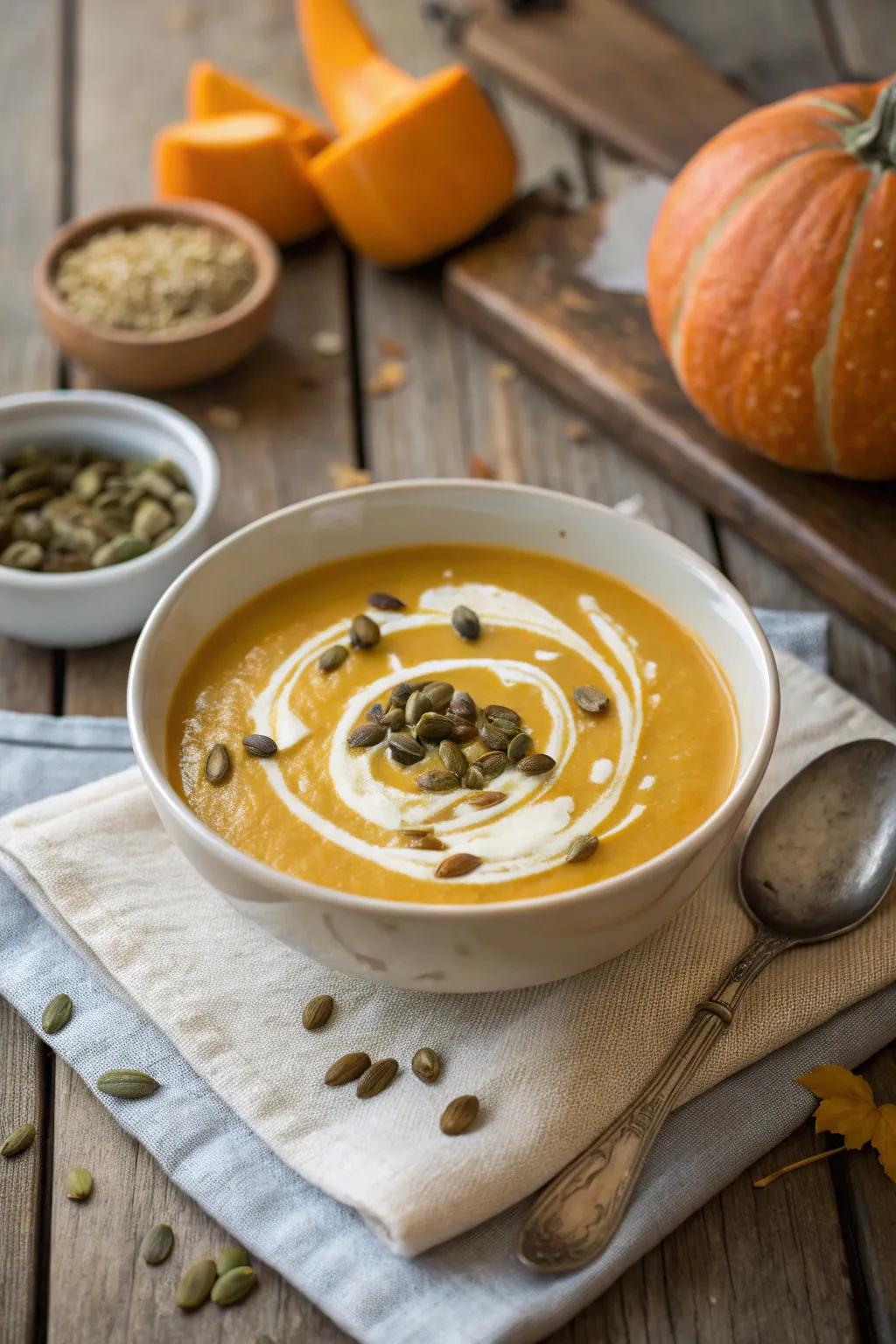 Creamy pumpkin soup, a warming start to any December meal.