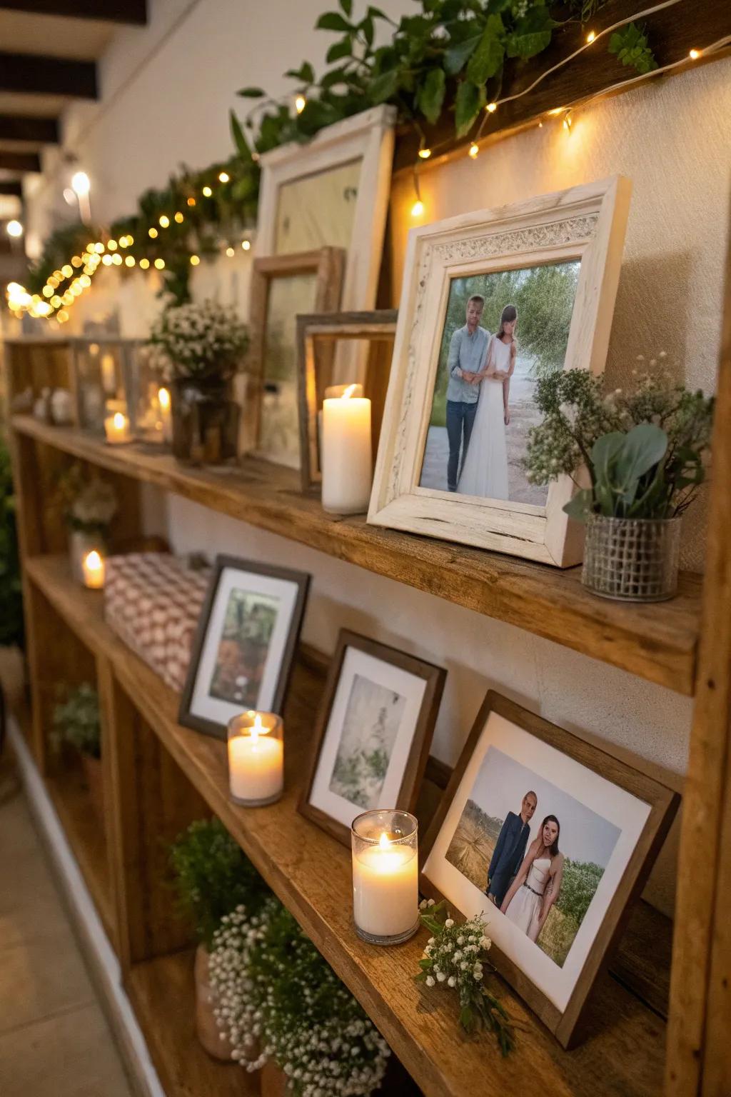 Decorative accents complement picture frames for a visually appealing display.