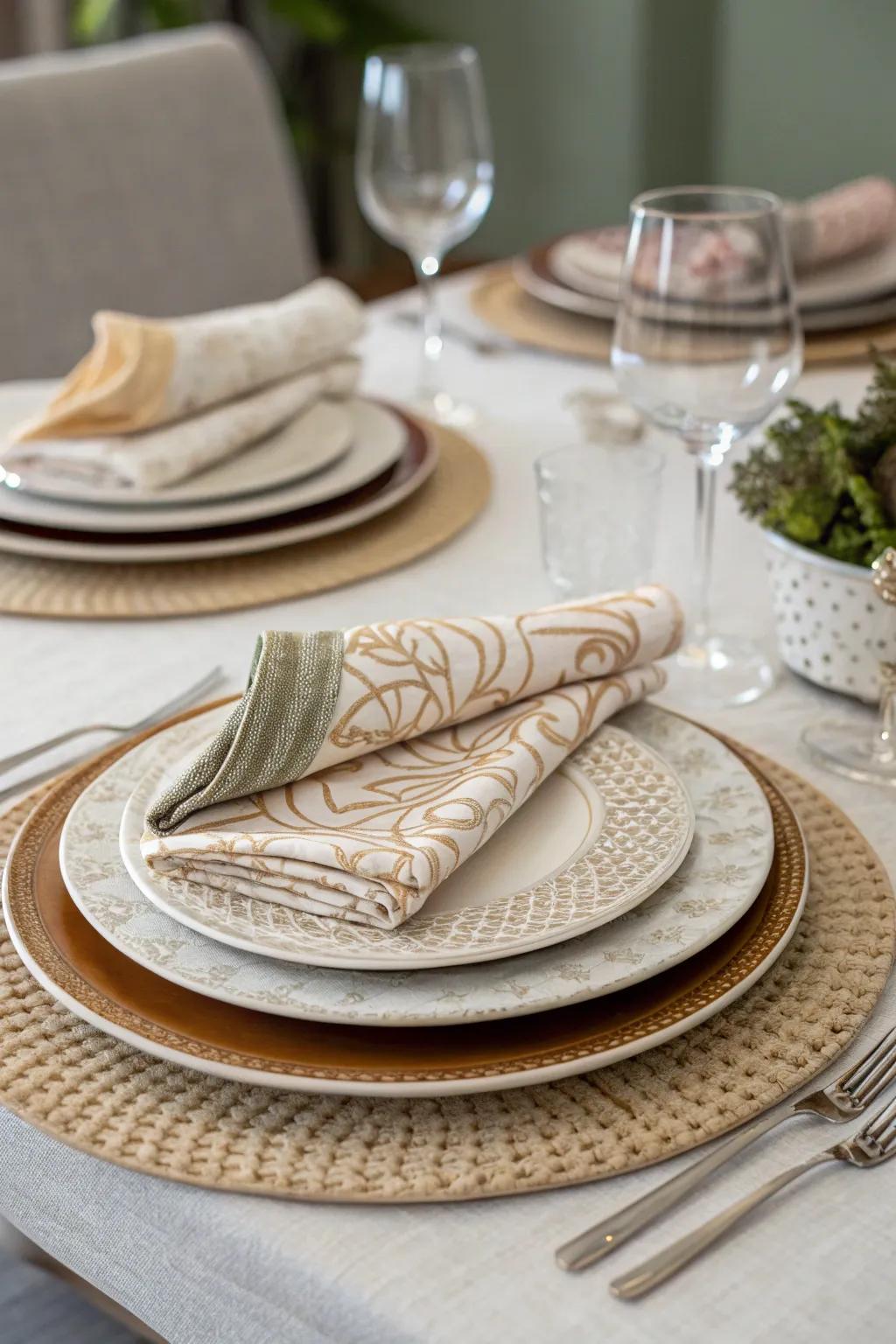 Layered charger plates with textiles for added elegance.