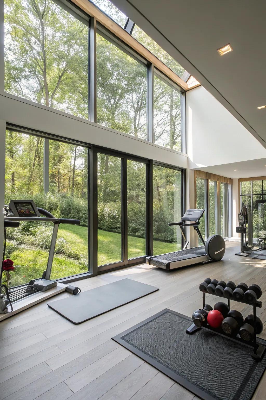 A bright home gym with abundant natural light, enhancing the workout experience.