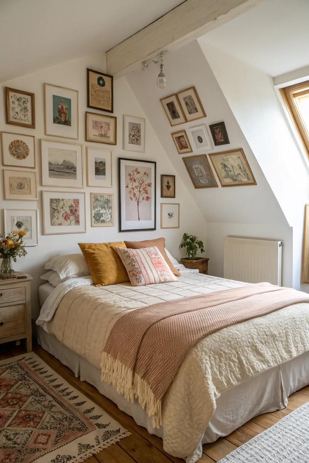 A gallery wall adds personality to a diagonal bed setup.