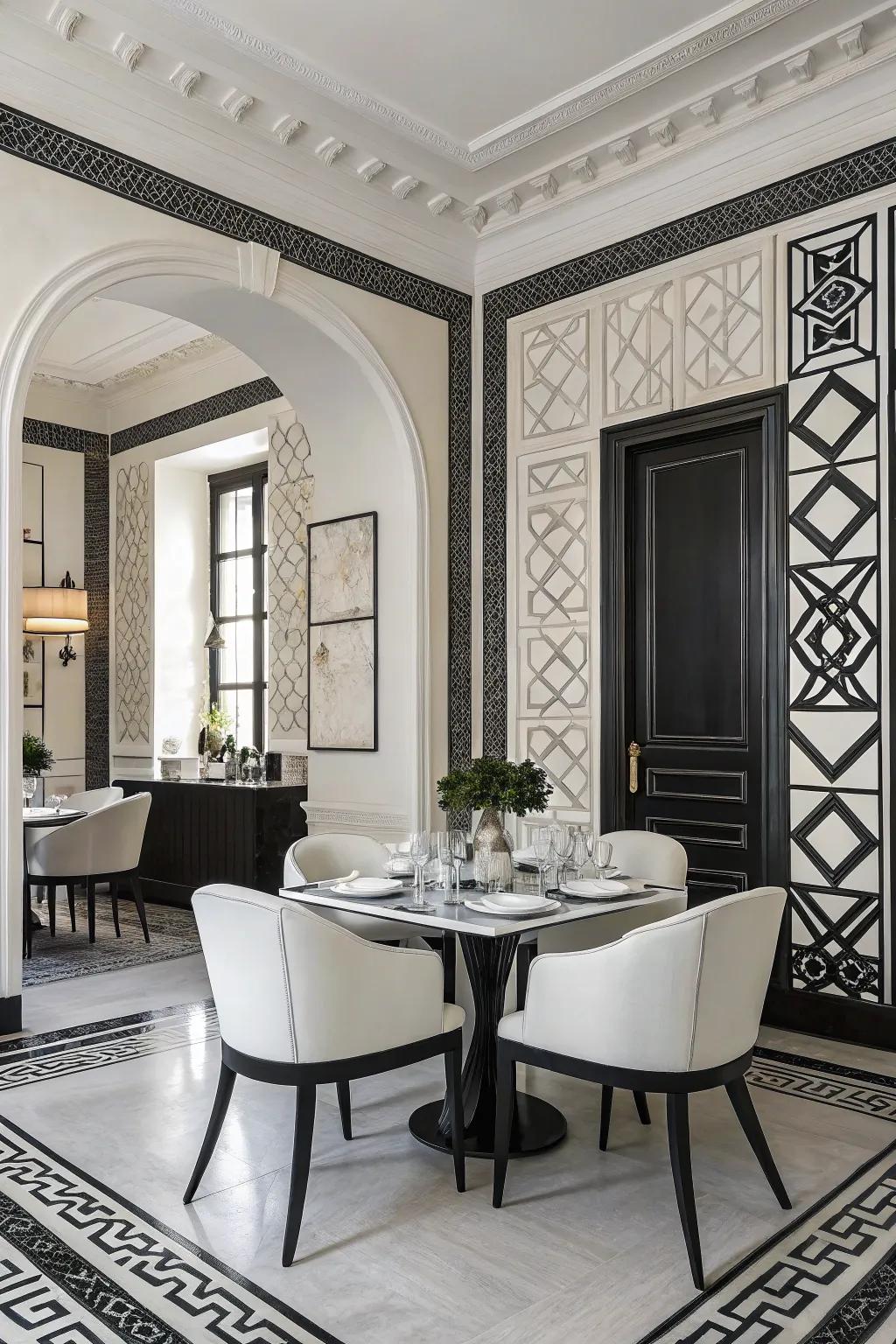 A classic black and white dining room exuding timeless elegance.