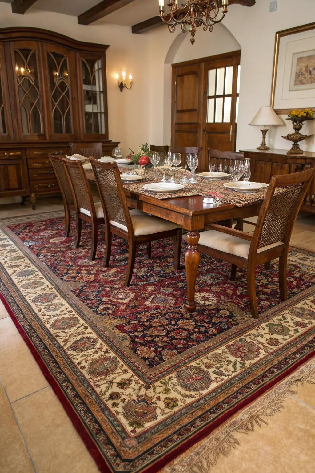 Persian rugs adding timeless elegance to the dining room.