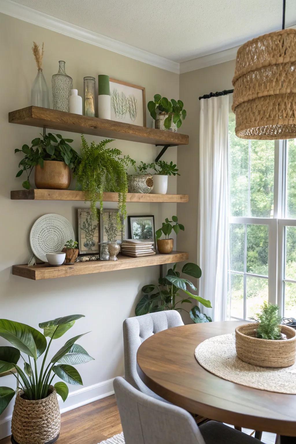 Floating shelves add elegance and personal touch to the dining room.