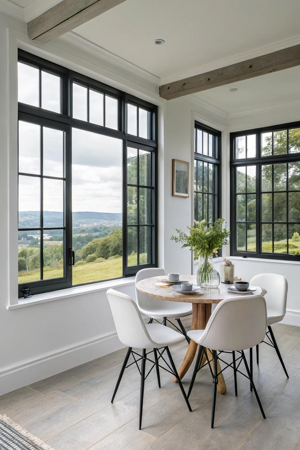 Contrasting frames add a dramatic touch to your dining room windows.