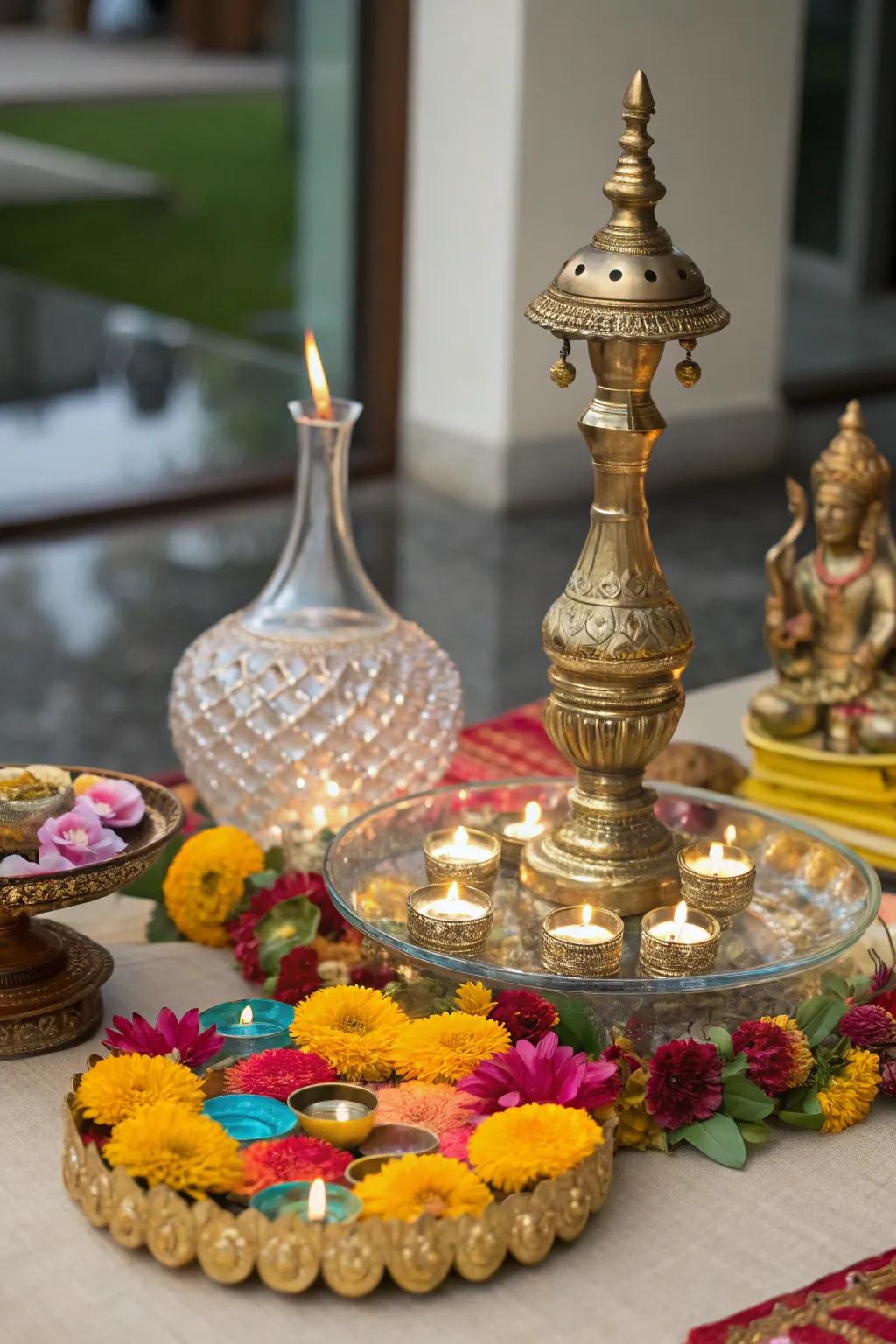 Festive centerpieces with glass and brass items add a touch of elegance to the table.