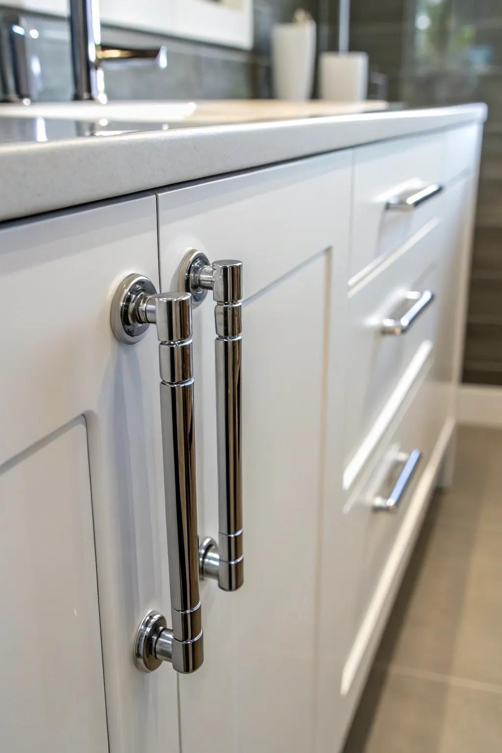 Polished chrome handles for a sleek and reflective finish.