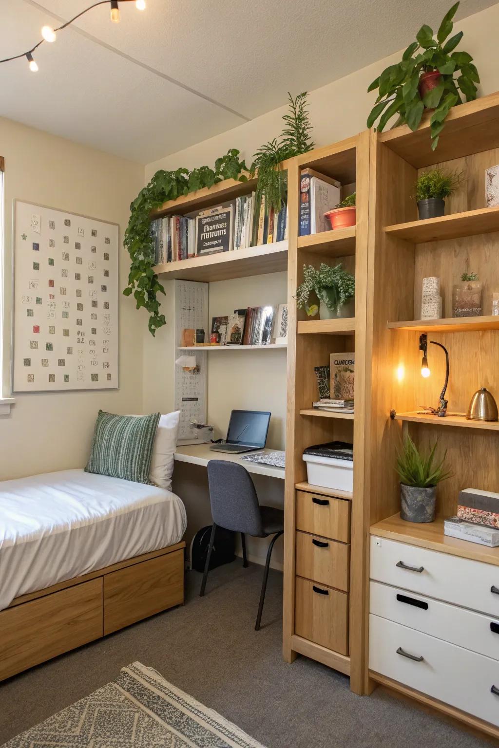 An organized dorm room with smart storage solutions for a tidy appearance.