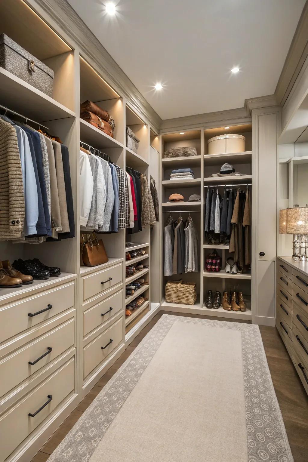 Walk-in features within a double closet offer a blend of luxury and practicality.