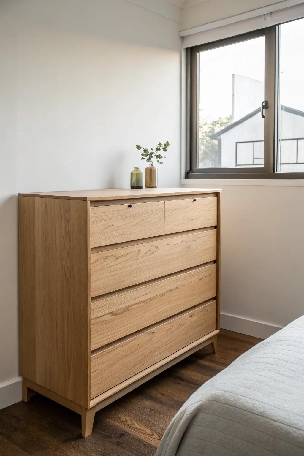 A minimalist dresser with clean lines enhancing the sleek look of a small bedroom.