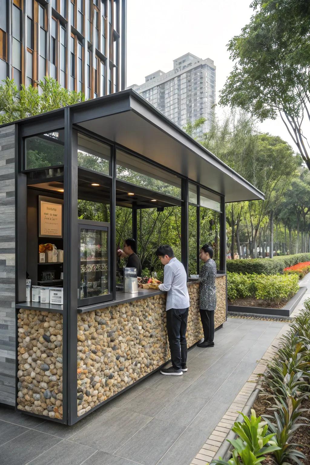 Drive-thru coffee shop incorporating diverse materials for a standout look.