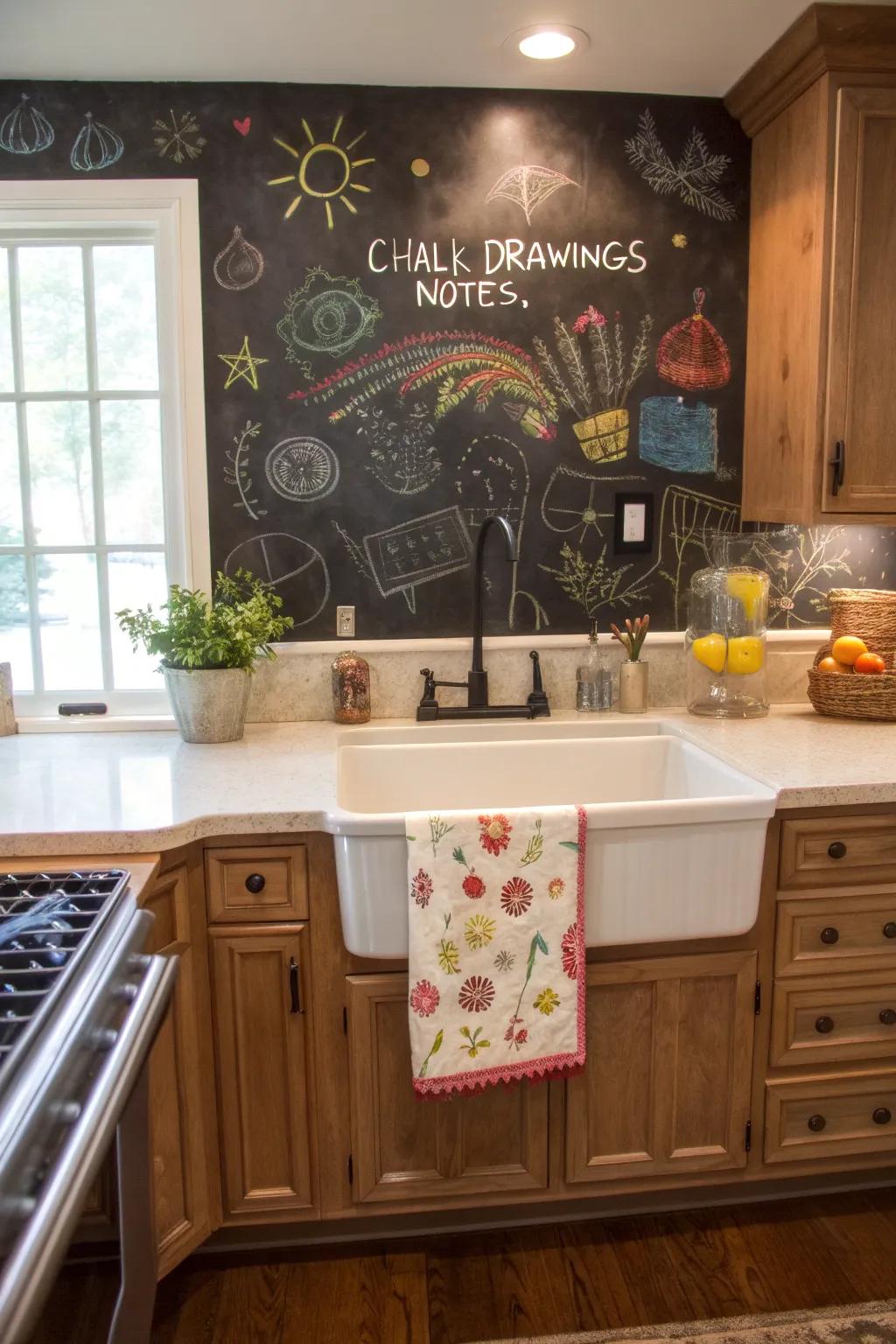 A whimsical chalkboard back adds fun to a dry sink.