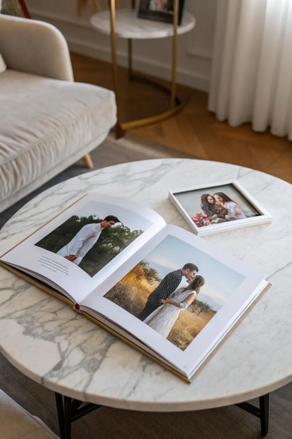 A minimalistic design enhances the elegance of an engagement photo book.