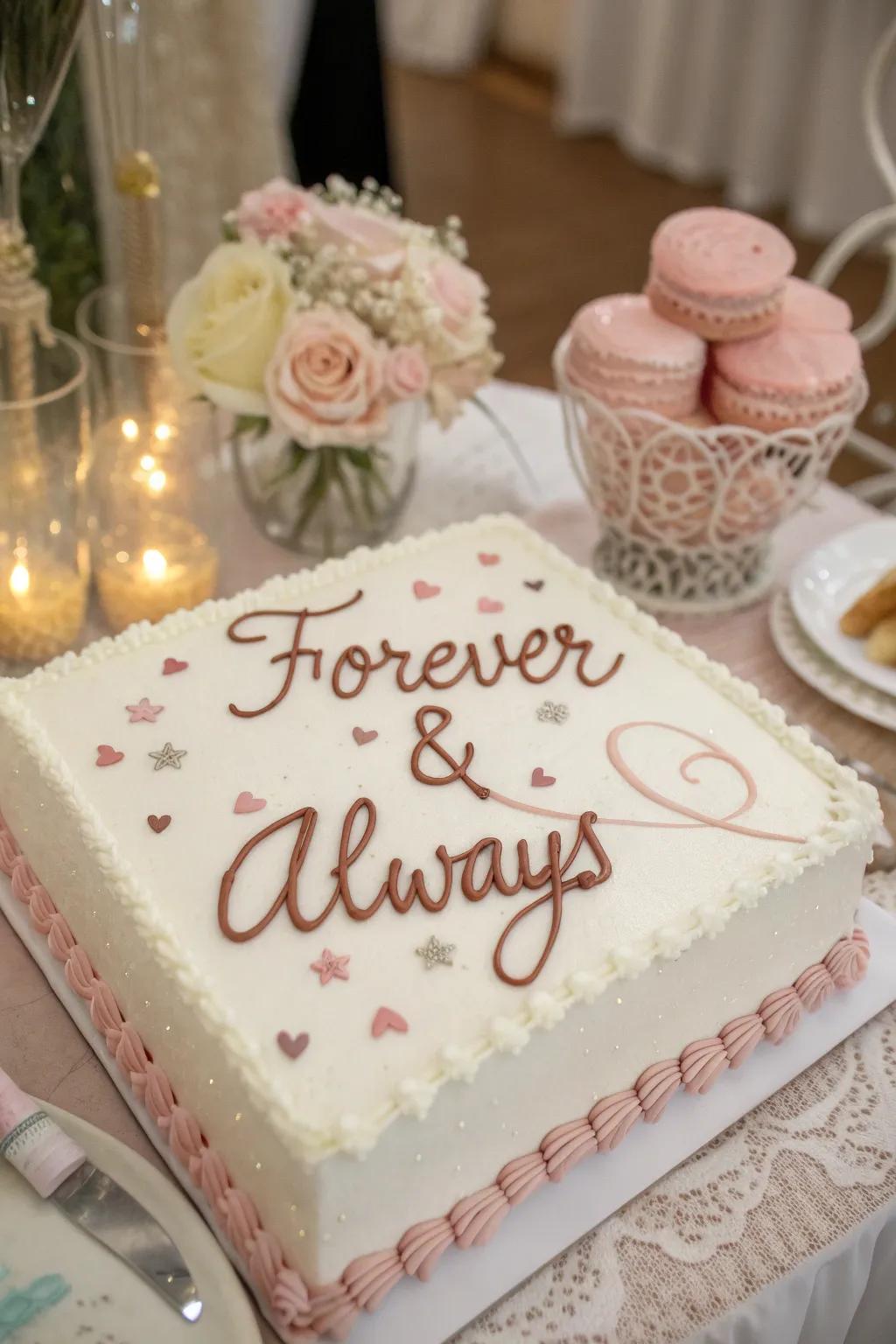 An engagement sheet cake with a heartfelt message.