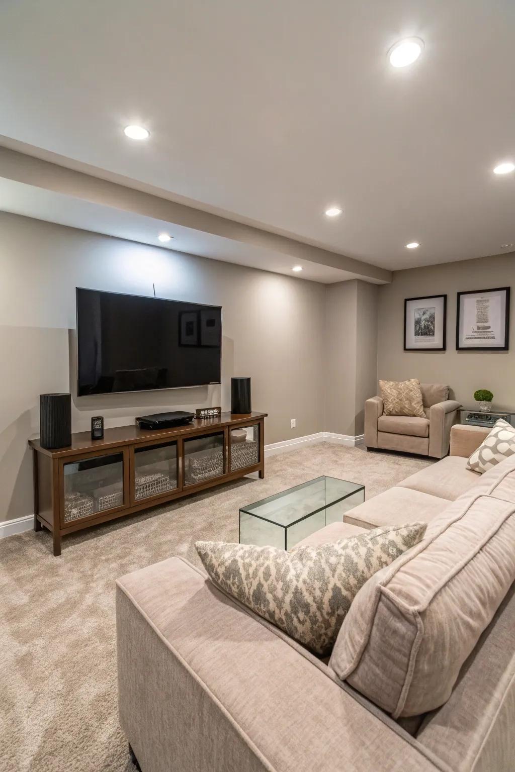 Embrace modern minimalism with a clean and elegant entertainment space.