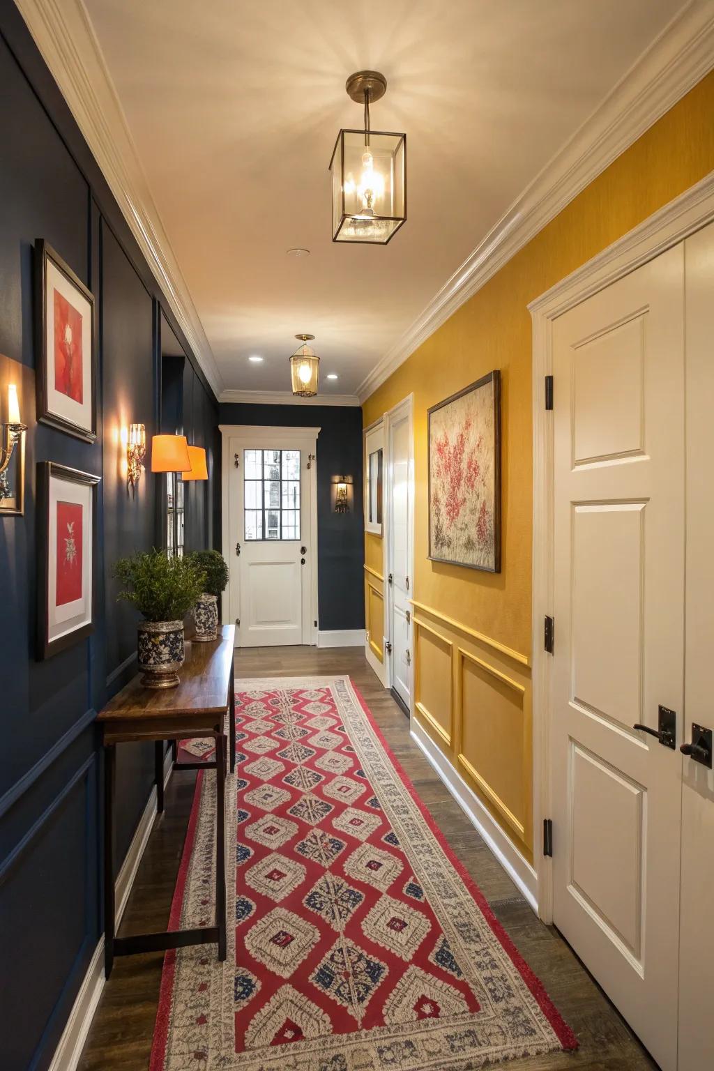 Neutral walls paired with bold accents create a harmonious entry hallway.