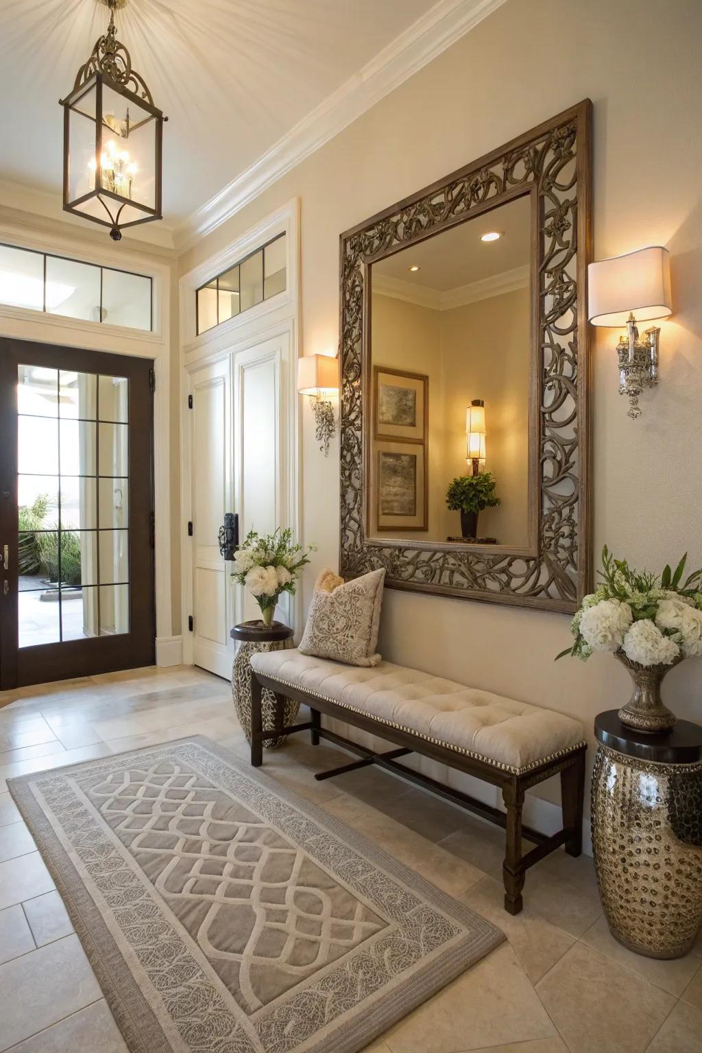 A large decorative mirror above the bench enhances the sense of space and light.