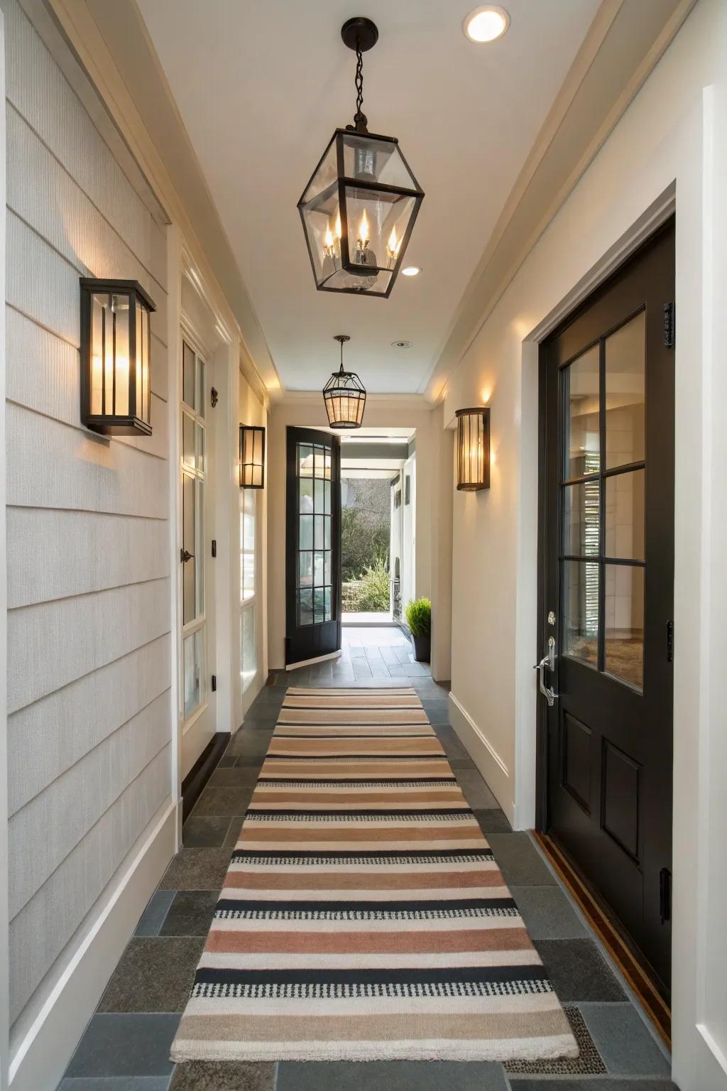 Striped runners help elongate and define narrow entryways.