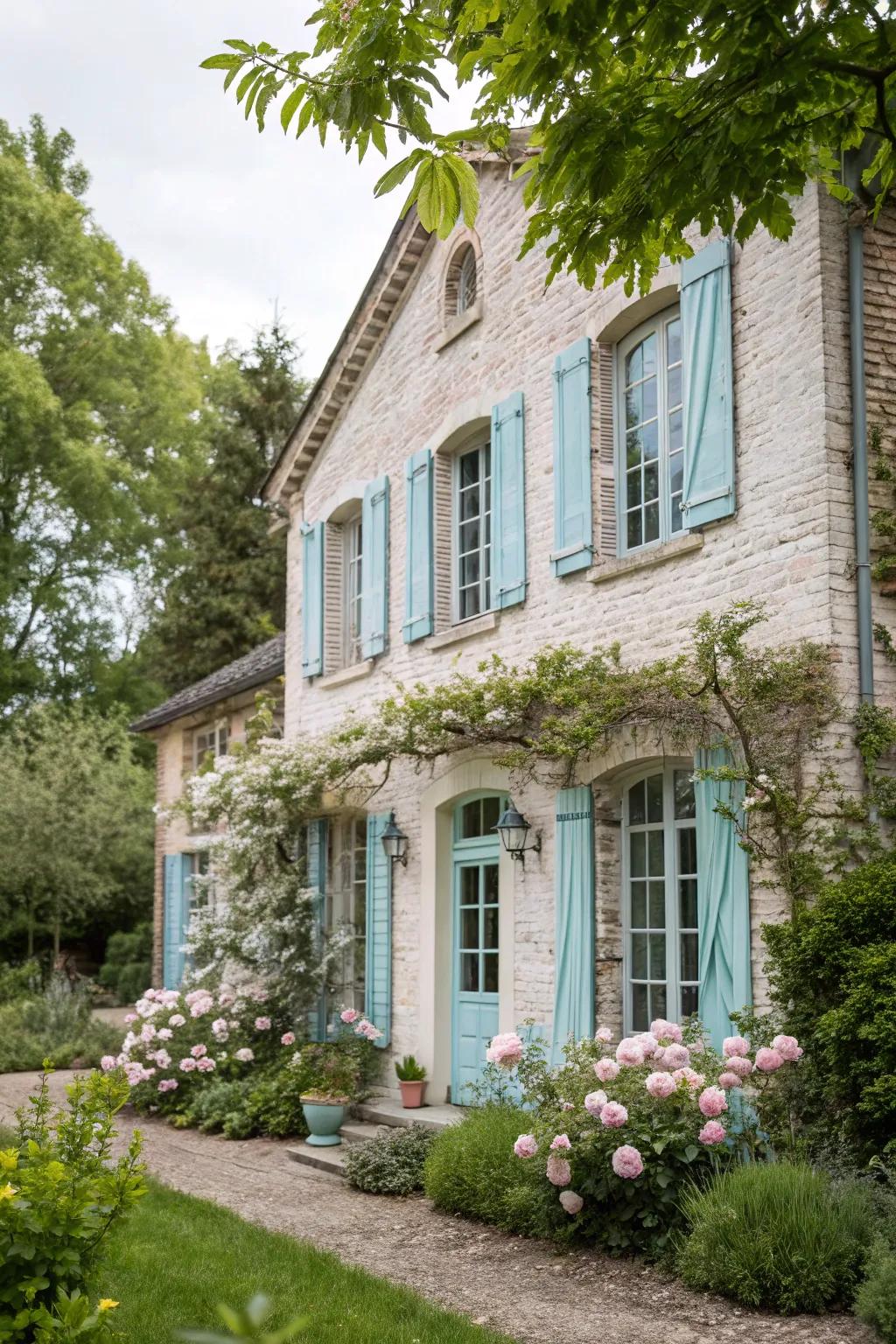 Limewashed brick and pastel blue exude vintage charm.