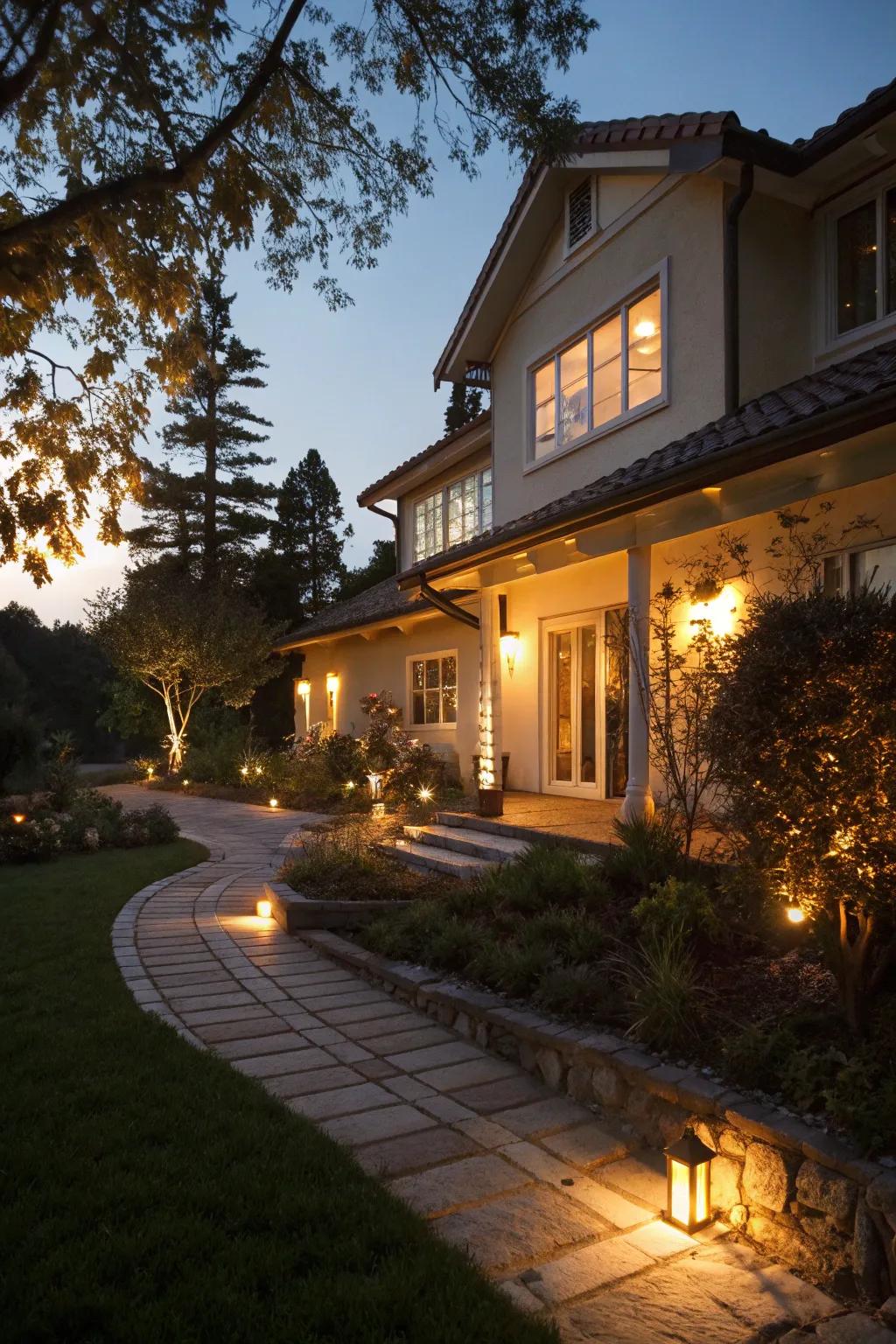 Enchanting exterior lighting highlights this home beautifully.