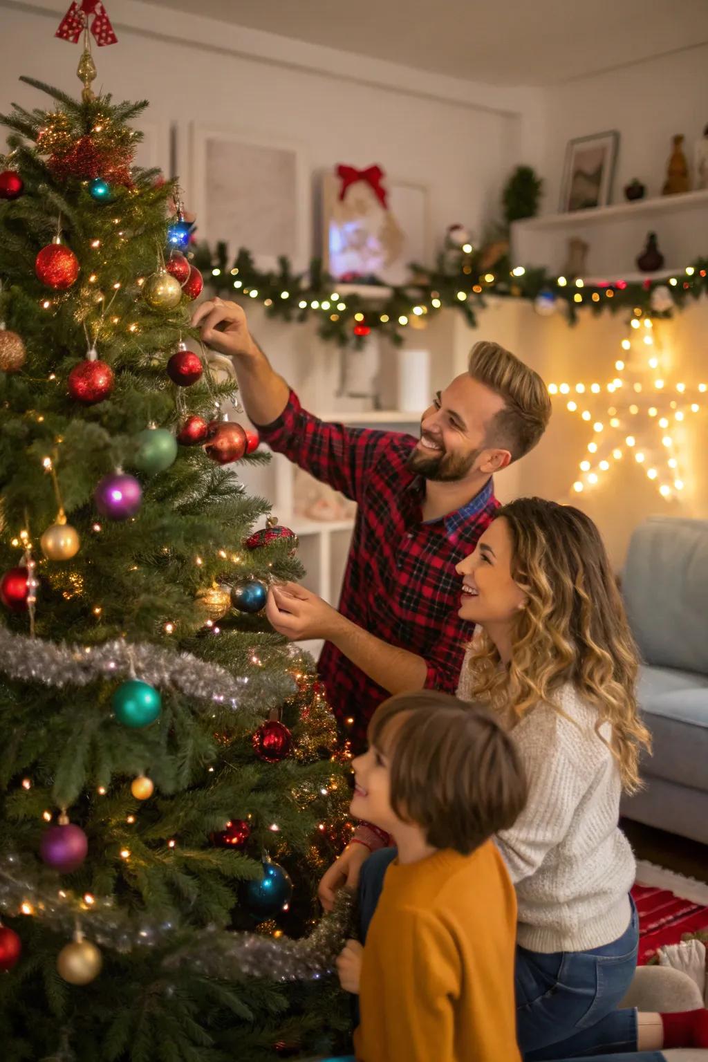 Capture the joy of decorating the Christmas tree as a family.