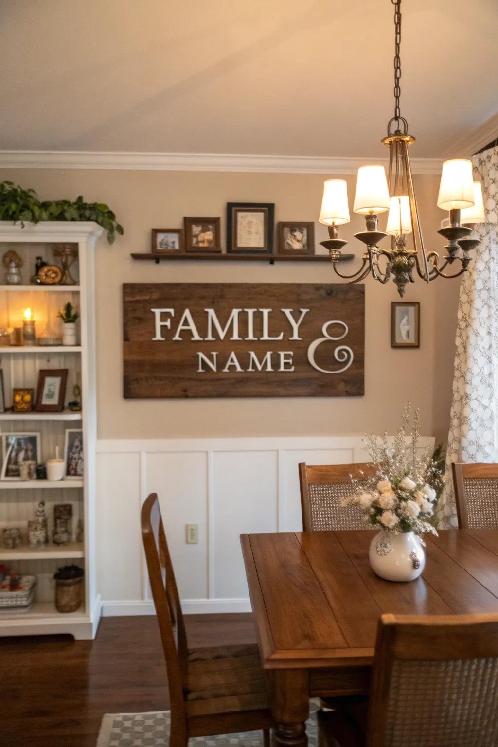 A family name sign with an established date, perfect for a dining room setting.