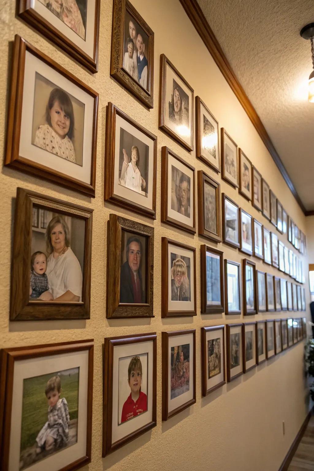 A symmetrical arrangement of family photos creating a harmonious display.